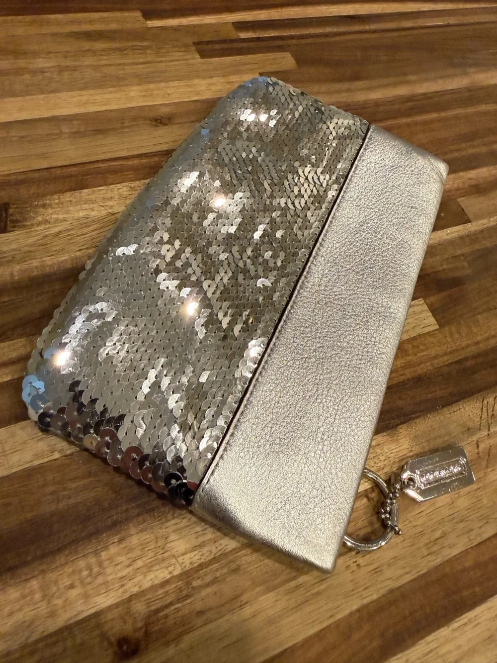 Coach Poppy Silver Sequin XL Spotlight Wristlet – Upcycled Art Piece 🦋✨